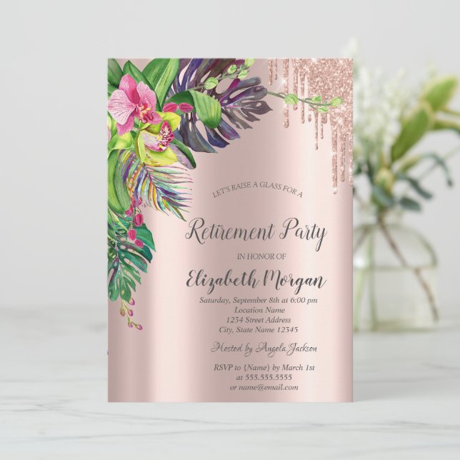 Invitation Hibiscus Tropical Rose Gold Gouttes Retraite  (Debout devant)