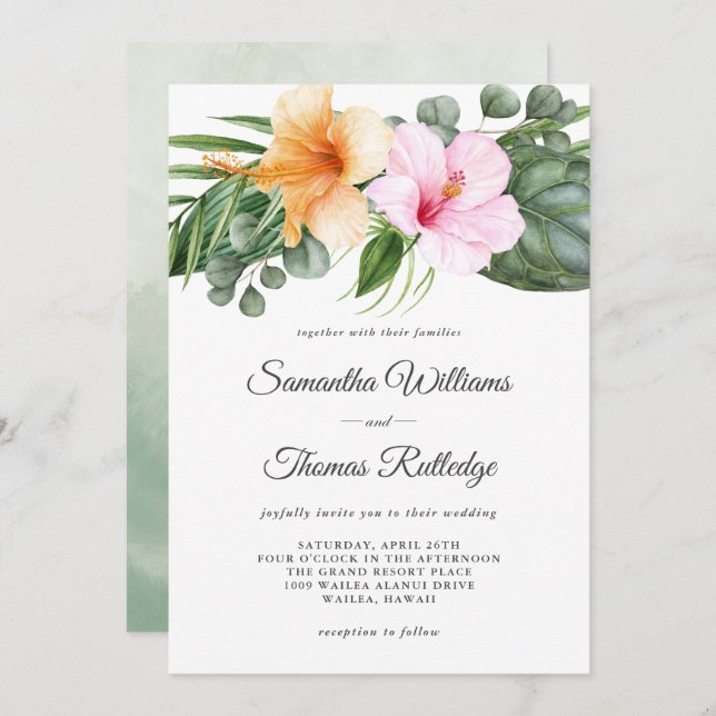 Invitation Hibiscus tropicaux et aquarelle de feuillage Flora (Devant / Derrière)