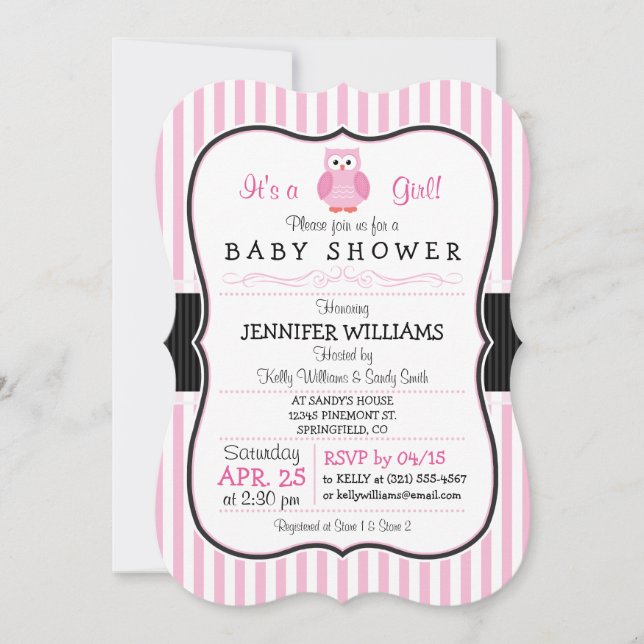 Invitation Hibou; Baby shower à rayures roses (Devant)