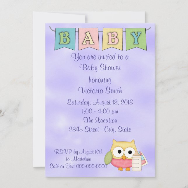 Invitation Hibou de neutre de genre de baby shower (Devant)