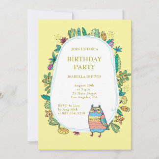 Invitation hibou jaune. Fête d'anniversaire de magie florale