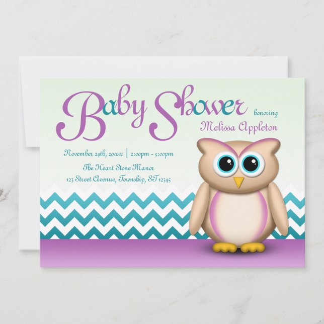 Invitation Hibou mignon - pourpre et baby shower de Chevron (Devant)