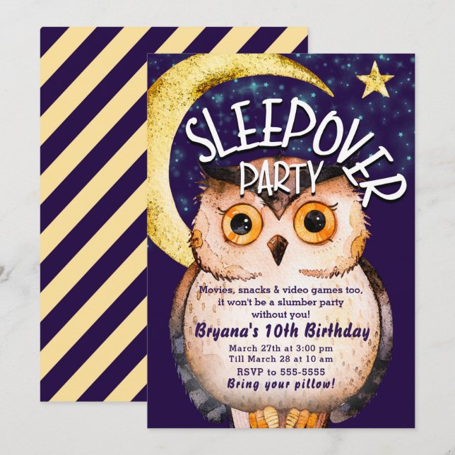 Invitation Hibou Nuit Mignon Violet Pyjama Soirée Pyjama (Devant / Derrière)