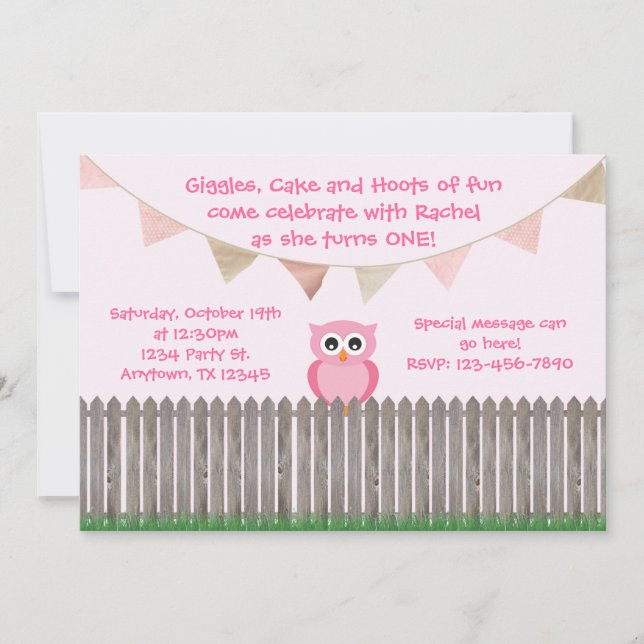 Invitation Hibou rose à l'invitation d'anniversaire de (Devant)