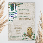 Invitation Hibou, Tallit de prière, Green Bar Mitzvah Invitat<br><div class="desc">Annoncez votre Bar Mitzvah avec une chouette sage et de beaux châles de prière turquoises verts et bleus accrochés aux branches feuillues. Le bleu coordonné et marron fixe complète le look. Chouette sage et branches vertes sont polyvalentes pour la nature, arbre de vie, forêt rustique, thèmes boisés. Les oeuvres d'art...</div>