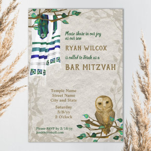 Invitation Hibou, Tallit de prière, Green Bar Mitzvah Invitat