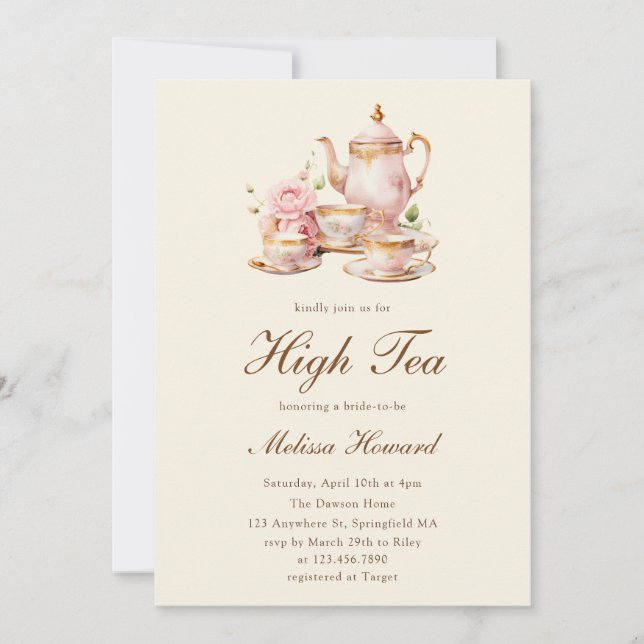 Invitation High Tea Pastel Yellow Gold Bridal Shower (Devant)