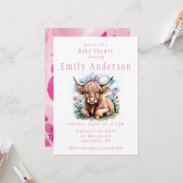 Invitation Highland Cow Baby shower Bliss Girl (Devant/Arrière en situation)