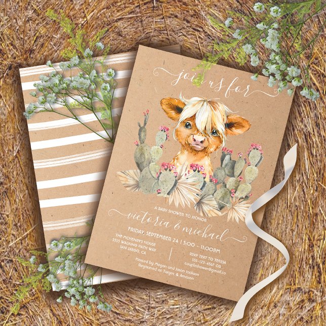 Invitation Highland Cow Baby shower Cactus (Créateur téléchargé)