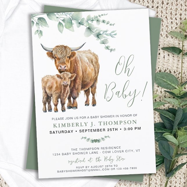 Invitation Highland Cow Boho Baby shower vert Sage (Créateur téléchargé)