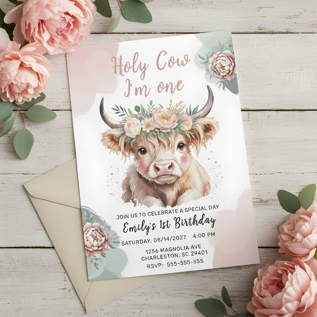 Invitation Highland Cow Boho Watercolor First Birthday (Créateur téléchargé)