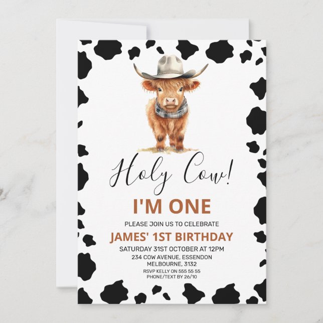 Invitation Highland Cow Cowboy Casquette Cow Imprimer 1er ann (Devant)