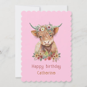 Invitation Highland Cow Cute Floral Anniversaire Aquarelle ro