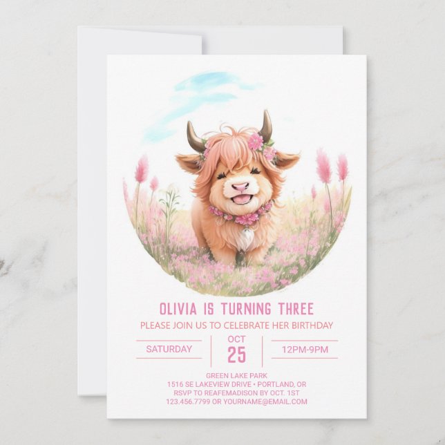 Invitation Highland Cow et Fleur sauvage Anniversaire (Devant)