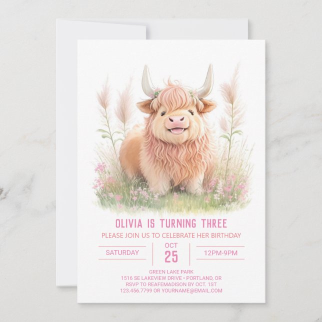 Invitation Highland Cow et Pampas Grass Girl Anniversaire (Devant)