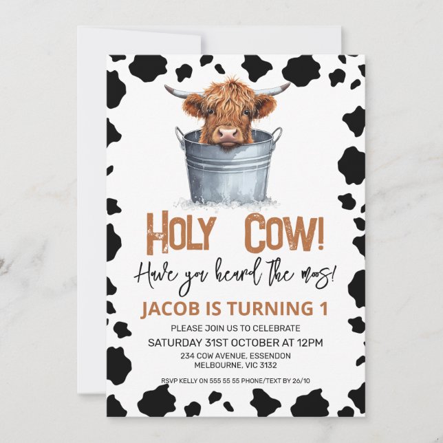Invitation Highland Cow In Bucket Cow Imprimer 1er anniversai (Devant)