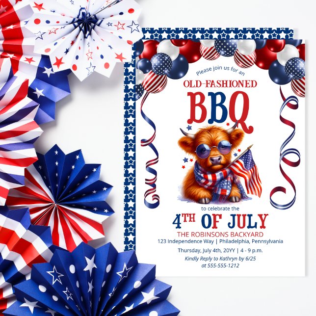 Invitation Highland Cow | Lunettes de soleil 4 juillet soirée (Balloon Arch and Cute Cool Highland Cow Calf Sporting Sunglasses 4th of July BBQ Invitation)