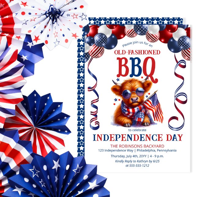 Invitation Highland Cow Lunettes de soleil Fête de l'Indépend (Balloon Arch Cute Cool Highland Cow Calf Sporting Sunglasses Independence Day BBQ July 4 Invitation)