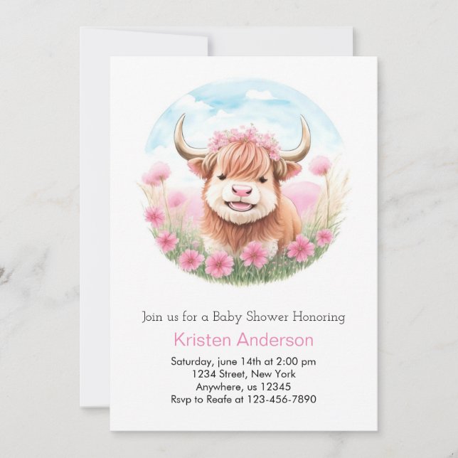 Invitation Highland Cow Meadow Pink Girl Baby shower (Devant)