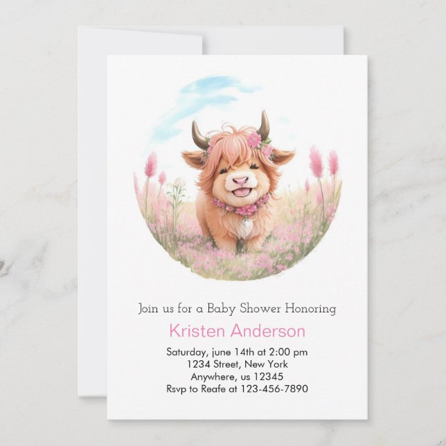Invitation Highland Cow Meadow Pink Girl Baby shower (Devant)