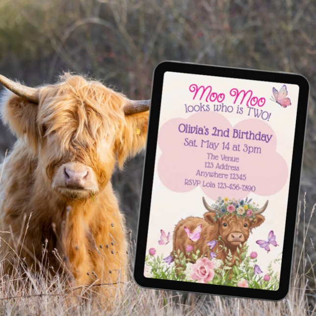 Invitation Highland Cow Moo Moo Two 2nd Birthday (Créateur téléchargé)