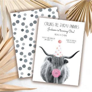 Invitation Highland Cow noir et blanc fête d'anniversaire