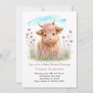 Invitation Highland Cow Pink Meadow Girl Baby shower
