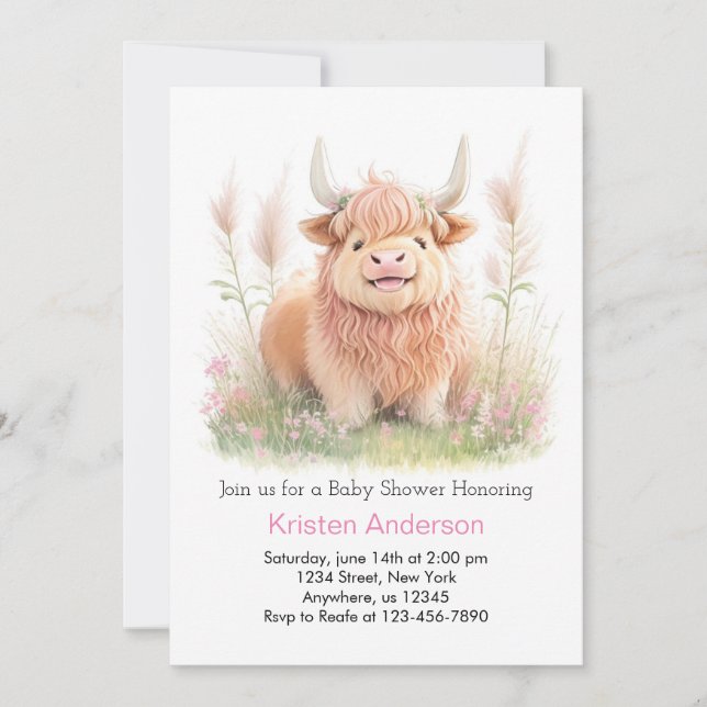 Invitation Highland Cow Rose Adventure Girl Baby shower (Devant)