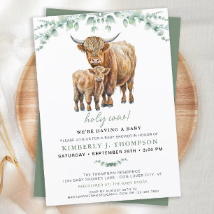 Invitation Highland Cow Sage Boho Baby shower verdoyant