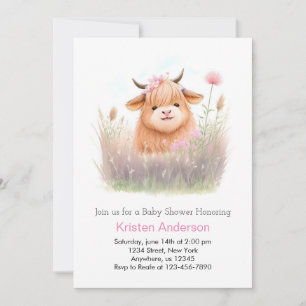 Invitation Highland Cow Watercolor Baby shower fille