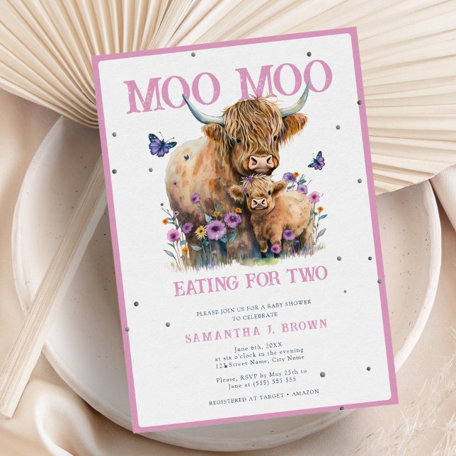 Invitation Highland Cow Whimsical Floral Baby shower rose (Créateur téléchargé)