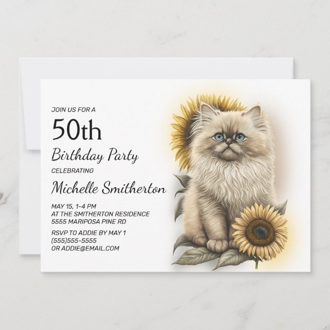 Invitation Himalayan Kitten Chat Sunflowers 50e anniversaire (Devant)