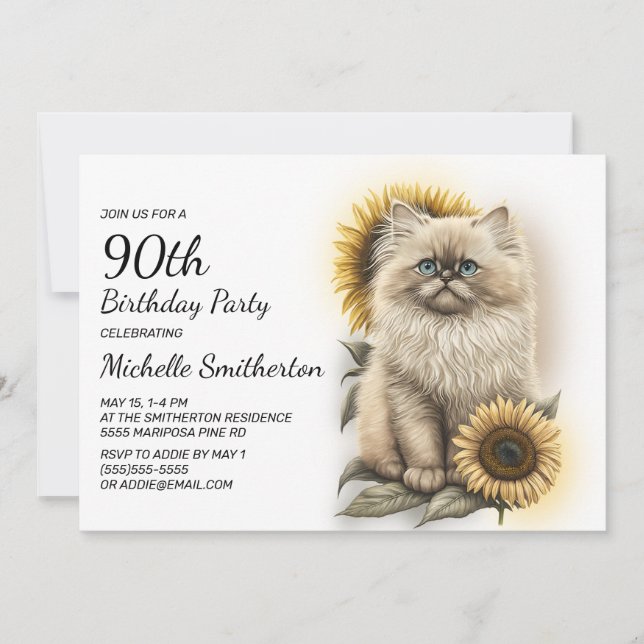 Invitation Himalayan Kitten Chat Tournesols 90e anniversaire (Devant)