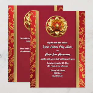 Invitation Hindi Hindou lotus flower bordeaux or floral chic