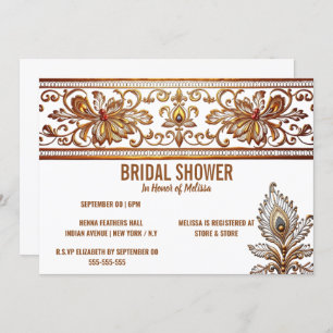 Invitation Hindi mariée indienne or paon plumes henné chic