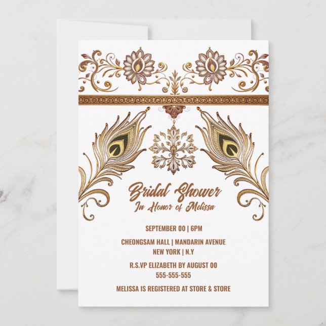 Invitation Hindi Mehndi indien lotus paon plumes nuptiale (Devant)