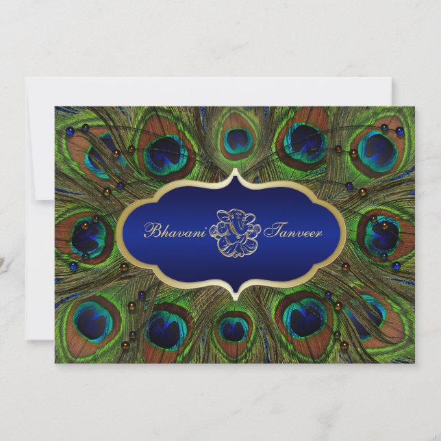 Invitation Hindu Ganesh Peacock Feaths Wedding Inviter Blue (Devant)