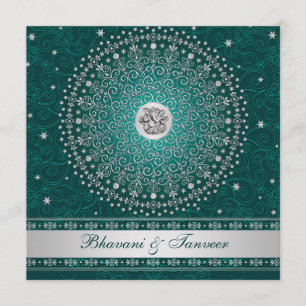 Invitation Hindu Ganesh Turquoise, Silver Scrolls Mariage Inv