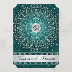Invitation Hindu Ganesh Turquoise, Silver Scrolls Mariage Inv
