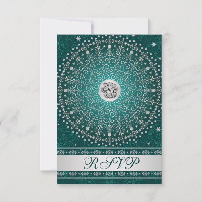 Invitation Hindu Ganesh Turquoise, Silver Scrolls Mariage RSV (Devant)