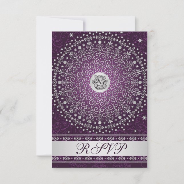 Invitation Hindu Ganesh violet, Argent Scrolls Mariage RSVP (Devant)