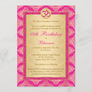 Invitation Hindu Magenta Rose, Gold Damask 18e anniversaire