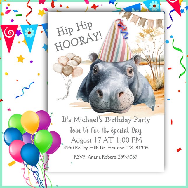 Invitation Hip Hip Hourra Anniversaire Hippopotame (Créateur téléchargé)