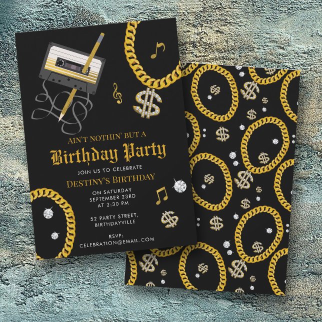 Invitation Hip Hop Gold Chain Cassette 80's 90's Birthday (Hip Hop Gold Chain Cassette 80's 90's Birthday Invitation)