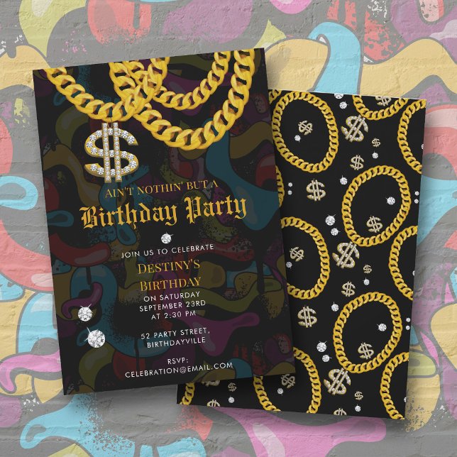 Invitation Hip Hop Gold Chain Graffiti 90's Birthday Party (Hip Hop Gold Chain Graffiti 90's Birthday Party Invitation)