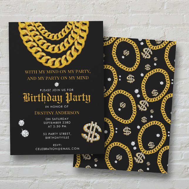 Invitation Hip Hop Gold Cuban Link Chain 90's Birthday Party (Hip Hop Gold Cuban Link Chain 90's Birthday Party Invitation)