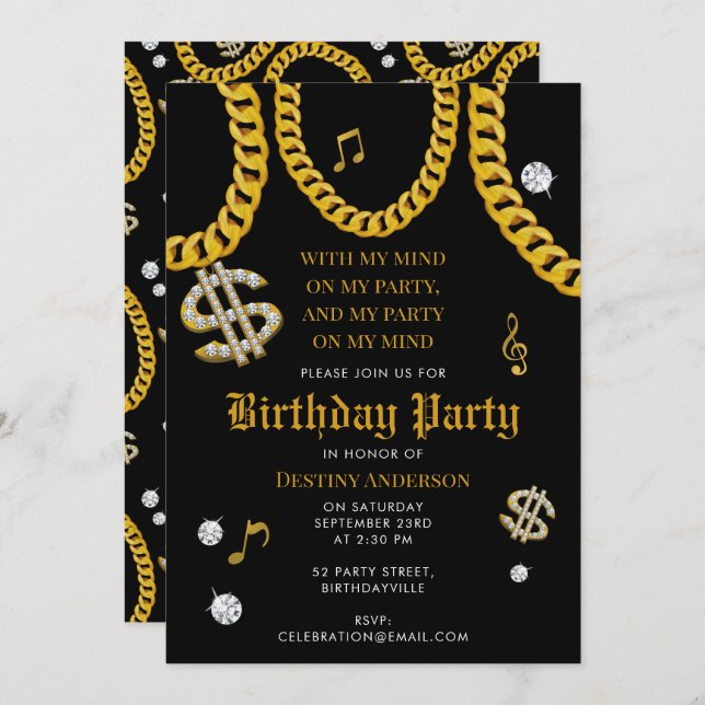 Invitation Hip Hop Music Gold Cuban Link Chain 90's Birthday (Devant / Derrière)