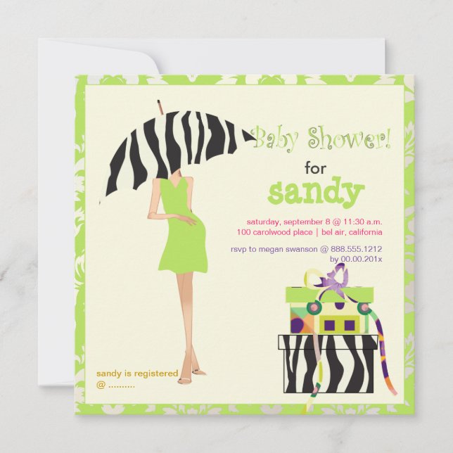 Invitation Hip mama, damas vert citron/baby shower zèbre (Devant)