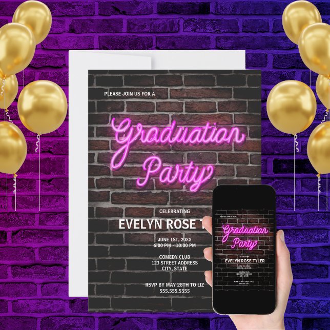 Invitation Hip Pink Neon Signé Parti de Graduation (Créateur téléchargé)
