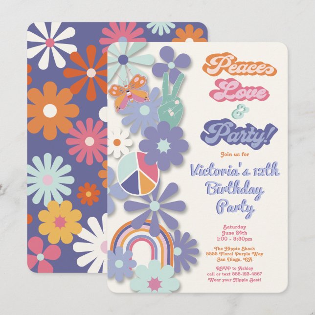 Invitation Hippie 1960's Peace Love & Party Anniversaire (Devant / Derrière)
